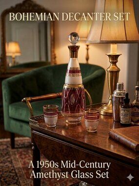 VTG Bohemian Decanter Set Etched Crystal Crandberry Red Floral 24k Gold accents